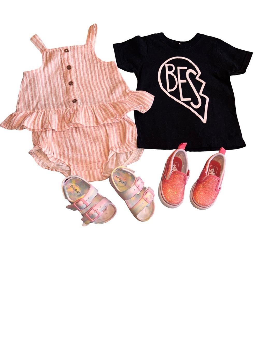BFF Heart Tee & Pink Ruffle Romper Set 24M w/ Vans & Sandals